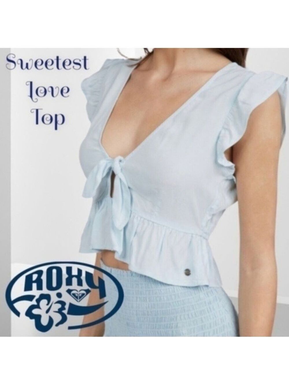 ROXY Sweetest Love Short Flutter Sleeve Deep V-Neck Front Tie Viscose Crop Top